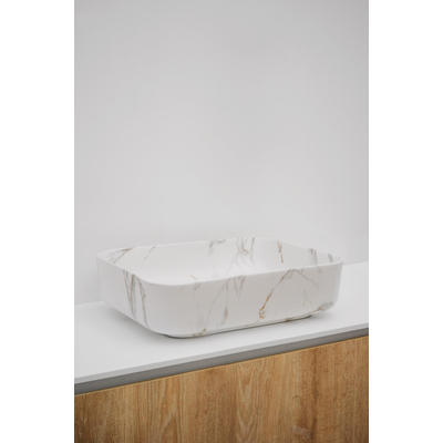 Riho Marmic Rectangle Vasque à poser 50x39x13cm Céramique Rectangulaire effet marbre blanc mat