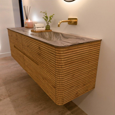 Mondiaz CIRO-DLUX Ensemble de meubles de salle de bains - 160x45x50cm - Plan vasque solid surface Sombra - 1 vasque à droite - sans trous de robinet - 4 tiroirs - Chêne