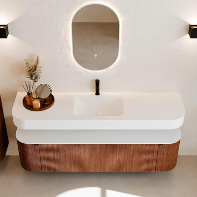 MONDIAZ THOR Meuble de salle de bains 170cm arrondi gauche + droite couleur Ruby avec 1 tiroir et 2 portes. Vasque suspendue CLOUD Milieu 1 trou de robinet couleur Talc.