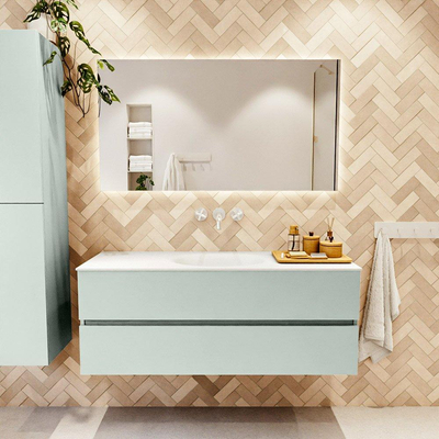 Mondiaz VICA ensemble de meuble de salle de bain - 130cm - meuble sous-vasque greey - 2 tiroirs - lavabo moon milieu - sans trous de robinet - couleur talc - miroir LED - version XL 60cm de haut