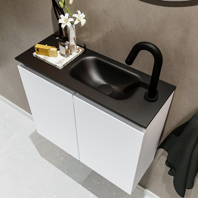 MONDIAZ TURE Toiletmeubel 60x23x50cm met 1 kraangaten 2 deuren talc mat Wastafel Eden rechts Solid Surface Zwart