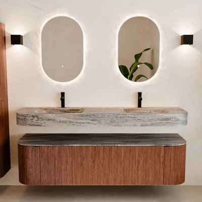 MONDIAZ THOR-DLUX 170cm meuble de salle de bains arrondi gauche + droite couleur Ruby avec 1 tiroir et 2 portes. Vasque suspendue CLOUD Double 2 trous de robinet couleur Oza.