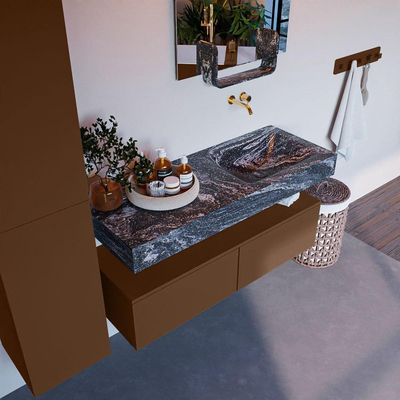 Mondiaz ALAN-DLUX Ensemble de meuble - 120cm - meuble Rust mat - 2 tiroirs - Lavabo Cloud Lava suspendu - vasque Droite - 0 trous de robinet