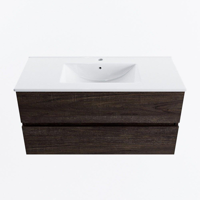 Mondiaz VICA Ensemble de meuble de salle de bain - 100cm - meuble sous-vasque marron foncé - 2 tiroirs - lavabo denia milieu - 1 trou de robinet - version haute de 60cm - blanc brillant