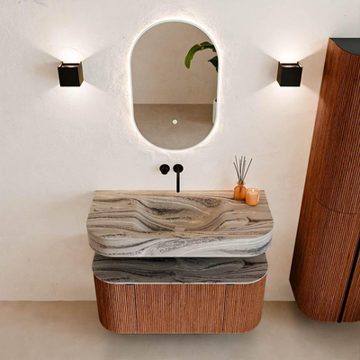 MONDIAZ THOR-DLUX 100cm meuble de salle de bains arrondi gauche + droite couleur Ruby avec 1 tiroir et 2 portes. Vasque suspendue CLOUD Milieu sans trou de robinet couleur Sombra.