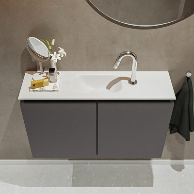 MONDIAZ TURE Kit lave-mains - 80x23x50cm - 1 trou de robinet - 2 portes - gris foncé mat - Lavabo centré - Acrylique Blanc