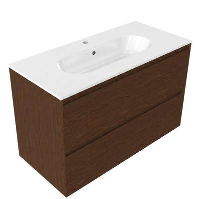 Saniclass Holz Pure Ensemble meuble de salle de bains - 100x45x73.9cm - lavabo Chaci en céramique blanc - 1 vasque - 1 trou de robinetterie - 2 tiroirs - noyer pure mat (bois)