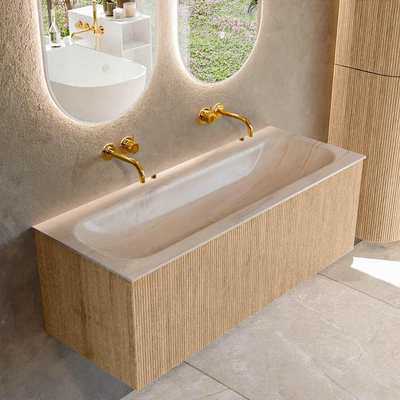 MONDIAZ KURVE-DLUX Meuble de salle de bains 120 cm couleur Oak avec 1 tiroir et 0 porte. Lavabo BIG LARGE Central sans trou de robinet Meli.
