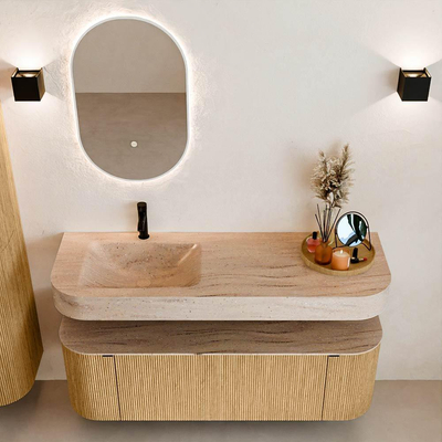 MONDIAZ THOR-DLUX 140cm badmeubel ronding links + rechts kleur Oak met 1 lade en 2 deuren. Vrijhangende wastafel CLOUD Links 1 kraangat kleur Saba.