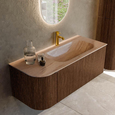 MONDIAZ KURVE-DLUX Meuble de salle de bains 115cm arrondi à gauche couleur Walnut avec 1 tiroir et 1 porte. Lavabo BIG SMALL à droite 1 trou de robinet Saba.