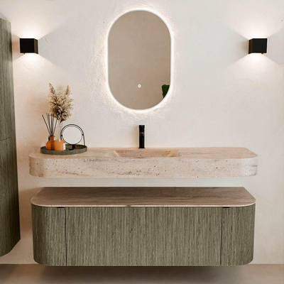 MONDIAZ THOR-DLUX 150cm meuble de salle de bains arrondi gauche + droite couleur Shadow avec 1 tiroir et 2 portes. Vasque suspendue CLOUD Milieu 1 trou de robinet couleur Saba.