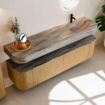 MONDIAZ THOR-DLUX 180cm badmeubel ronding links + rechts kleur Oak met 2 lades en 2 deuren. Vrijhangende wastafel CLOUD Rechts 1 kraangat kleur Oza.