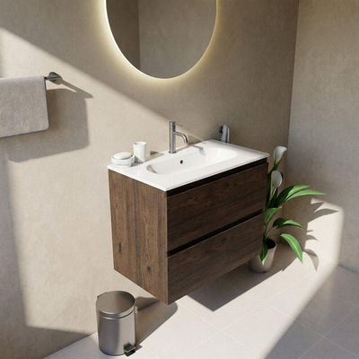 Saniclass Holz Pure Ensemble meuble de salle de bains - 80x45x73.9cm - Vasque en céramique Chaci blanche - 1 vasque - 1 trou de robinet - 2 tiroirs - chêne charcoal mat (bois)