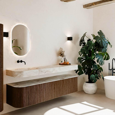 MONDIAZ THOR-DLUX Meuble de salle de bains 190cm arrondi gauche + droite couleur Walnut avec 2 tiroirs et 2 portes. Vasque suspendue CLOUD Gauche sans trou de robinet couleur Frappe.