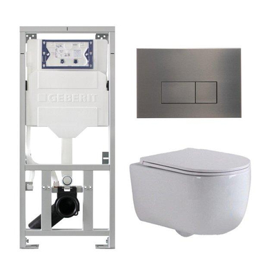 QeramiQ Dely Swirl Toiletset - 36.3x51.7cm - Geberit UP320 inbouwreservoir - met Burda frame - slim zitting - gunmetal bedieningsplaat - rechthoekige knoppen - wit glans