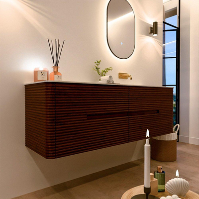 Mondiaz CIRO-DLUX Ensemble de meubles de salle de bains - 150x45x50cm - vasque en solid surface Opalo - 1 lavabo à droite - sans trous de robinet - 4 tiroirs - Ruby