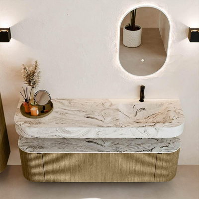 MONDIAZ THOR-DLUX 160cm meuble de salle de bains arrondi gauche + droite couleur Dusk avec 1 tiroir et 2 portes. Vasque suspendue CLOUD Droite 1 trou de robinet couleur Glace.