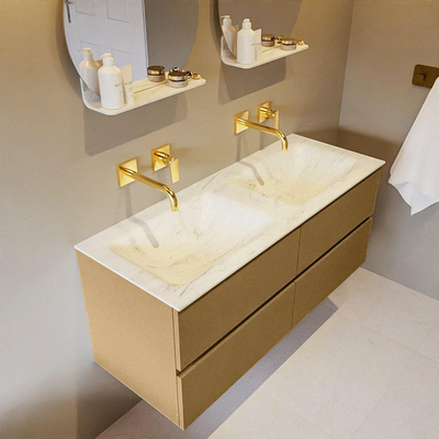 Mondiaz VICA-DLUX ensemble de meuble de salle de bain - 120cm - meuble sous-vasque oro - 4 tiroirs - lavabo encastré cloud double - sans trous de robinet - version haute de 60cm - opalo