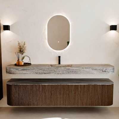 MONDIAZ THOR-DLUX 200cm meuble de salle de bains arrondi gauche + droite couleur Walnut avec 2 tiroirs et 2 portes. Vasque suspendue CLOUD Milieu 1 trou de robinet couleur Oza.