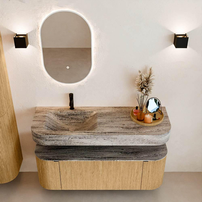 MONDIAZ THOR-DLUX 130cm meuble de salle de bains arrondi gauche + droite couleur Oak avec 1 tiroir et 2 portes. Vasque suspendue CLOUD gauche 1 trou de robinet couleur Oza.