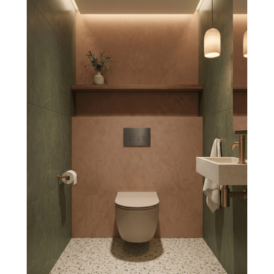QeramiQ Dely Toiletset - 36.3x51.7cm - diepspoel - rimless - Geberit UP320 inbouwreservoir - softclose toilet zitting - bedieningsplaat antraciet mat - rechthoekige knoppen - mat beige