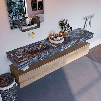 Mondiaz ALAN-DLUX Ensemble de meuble - 200cm - meuble Washed Oak mat - 2 tiroirs - Lavabo Cloud Lava suspendu - vasque Gauche - 0 trous de robinet