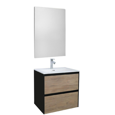 Adema Industrial Ensemble de meuble 60x45.5x58cm avec trop-plein et miroir bois/noir