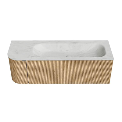 MONDIAZ KURVE-DLUX 135cm badmeubel met module 25 L kleur Oak met 1 lade en 1 deur. Wastafel BIG MEDIUM rechts zonder kraangat kleur Opalo.