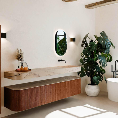 MONDIAZ THOR-DLUX 200cm meuble de salle de bains arrondi gauche + droite couleur Ruby avec 2 tiroirs et 2 portes. Vasque suspendue CLOUD droite sans trou de robinet couleur Arena.