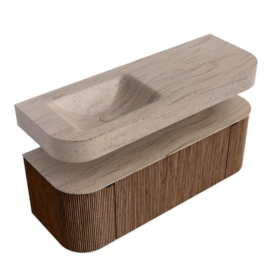 MONDIAZ THOR-DLUX 130cm meuble de salle de bains arrondi gauche + droite couleur Walnut avec 1 tiroir et 2 portes. Vasque suspendue CLOUD Gauche sans trou de robinet couleur Saba.