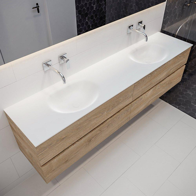 ENSEMBLE DE MEUBLE MONDIAZ VICA - 200 cm - 4 tiroirs - lavabo Moon double - 0 trous de robinet - solid surface chêne blanchi