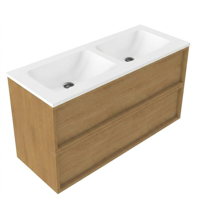 Saniclass Holz Frame Ensemble meuble de salle de bains - 120x45x77.5cm - lavabo Torino en solid surface blanc - sans trou de robinet - 2 tiroirs - chêne natural mat (bois)