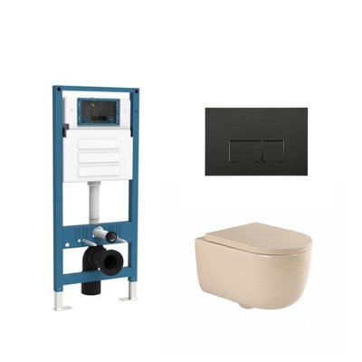 QeramiQ Dely Swirl Ensemble WC - réservoir encastré Qeramiq Flush - abattant 35mm - plaque de commande noire mate en métal - boutons rectangulaires - beige