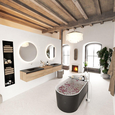 MONDIAZ BUKLA 220cm badmeubel met module 60 kleur Washed Oak met 3 lades. Wastafel CLOUD dubbel 0 kraangaten kleur Urban.