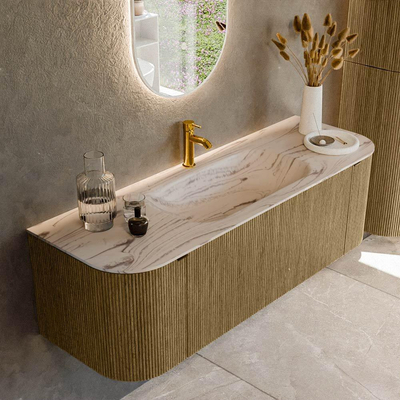 MONDIAZ KURVE-DLUX Meuble de salle de bains 140cm arrondi Gauche + Droite couleur Dusk avec 1 tiroir et 2 portes. Lavabo BIG SMALL Central 1 trou de robinet Nata.