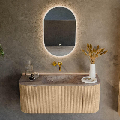 MONDIAZ KURVE-DLUX 110cm badmeubel ronding Links + Rechts kleur Oak met 1 lade en 2 deuren. Wastafel CLOUD Midden zonder kraangat Oza.
