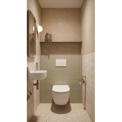 QeramiQ Dely Swirl Toiletset - 36.3x51.7cm - diepspoel - rimless - Geberit UP320 plieger inbouwreservoir - slim zitting - mat witte metalen bedieningsplaat - rechtehoekige knoppen - mat wit