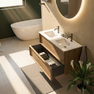 Saniclass Holz Frame Ensemble de meubles de salle de bains - 120x45x62cm - Lavabo Vygo en céramique blanc - 2 vasques - 2 trous de robinetterie - 2 tiroirs - chêne natural mat (bois)