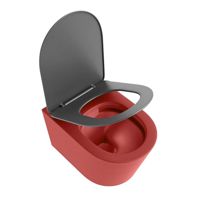 Mondiaz LAVIE hangtoilet – spoelrandloos – 36 x 53 cm – met softclose zitting – Fire (rood), zitting Dark grey (grijs)