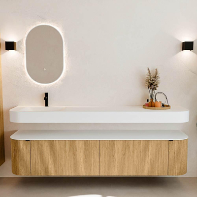 MONDIAZ THOR 200cm meuble de salle de bains arrondi gauche + droite couleur Oak avec 2 tiroirs et 2 portes. Vasque suspendue CLOUD gauche 1 trou de robinet couleur Talc.