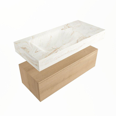 Mondiaz ALAN-DLUX Ensemble de meuble - 100cm - meuble Washed Oak mat - 1 tiroir - Lavabo Cloud Frappe suspendu - vasque Gauche - 1 trou de robinet
