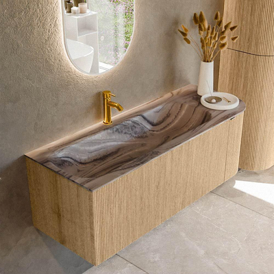 MONDIAZ KURVE-DLUX 125cm badmeubel ronding Rechts kleur Oak met 1 lade en 1 deur. Wastafel BIG MEDIUM Links 1 kraangat Sombra.