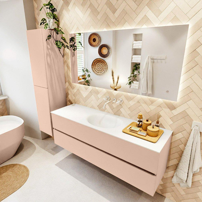 Mondiaz VICA ensemble de meuble de salle de bain - 150cm - meuble sous-vasque rosee - 2 tiroirs - lavabo moon milieu - sans trous de robinet - version haute de 60cm - talc