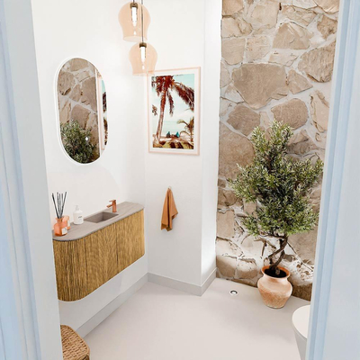 Mondiaz JOYA-DLUX 83.2cm toiletmeubel - ronding links en rechts kleur Oak - Wastafel FAYE positie Midden 1 kraangat kleur Saba.