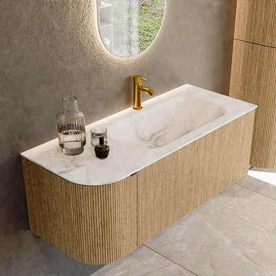 MONDIAZ KURVE-DLUX Meuble de salle de bains 115 cm avec module 25 L couleur Chêne avec 1 tiroir et 1 porte. Lavabo BIG SMALL à droite 1 trou de robinet couleur Frappe.
