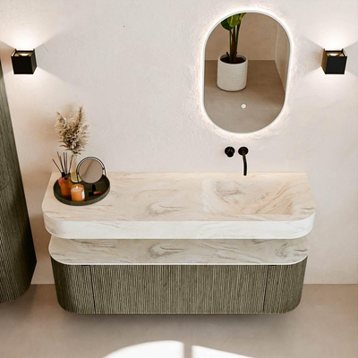 MONDIAZ THOR-DLUX 150cm badmeubel ronding links + rechts kleur Shadow met 1 lade en 2 deuren. Vrijhangende wastafel CLOUD Rechts zonder kraangat kleur Ostra.