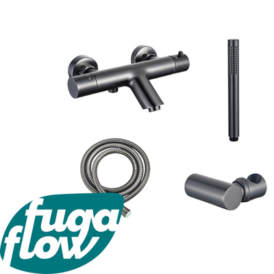 FugaFlow Eccelente Sobrado Badkamer Thermostatische badkraan met staafhanddouche, handdouchehouder en metalen doucheslang Gunmetal PVD