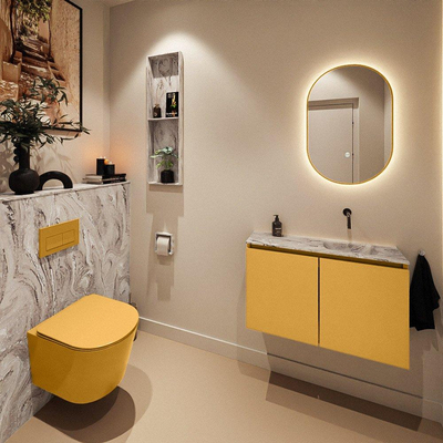 MONDIAZ TURE-DLUX Meuble de toilettes 80 cm Ocher. Lavabo EDEN Glace position à droite. Sans trou de robinet.