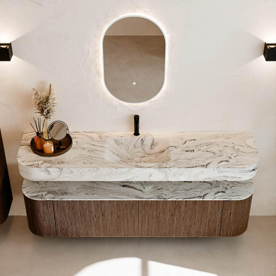 MONDIAZ THOR-DLUX Meuble de salle de bains 180cm arrondi gauche + droite couleur Walnut avec 2 tiroirs et 2 portes. Vasque suspendue CLOUD Milieu 1 trou de robinet couleur Glace.