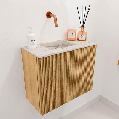 Mondiaz JOYA-DLUX 50cm toiletmeubel - kleur Oak - Wastafel FAYE positie Links Zonder kraangat kleur Nata.